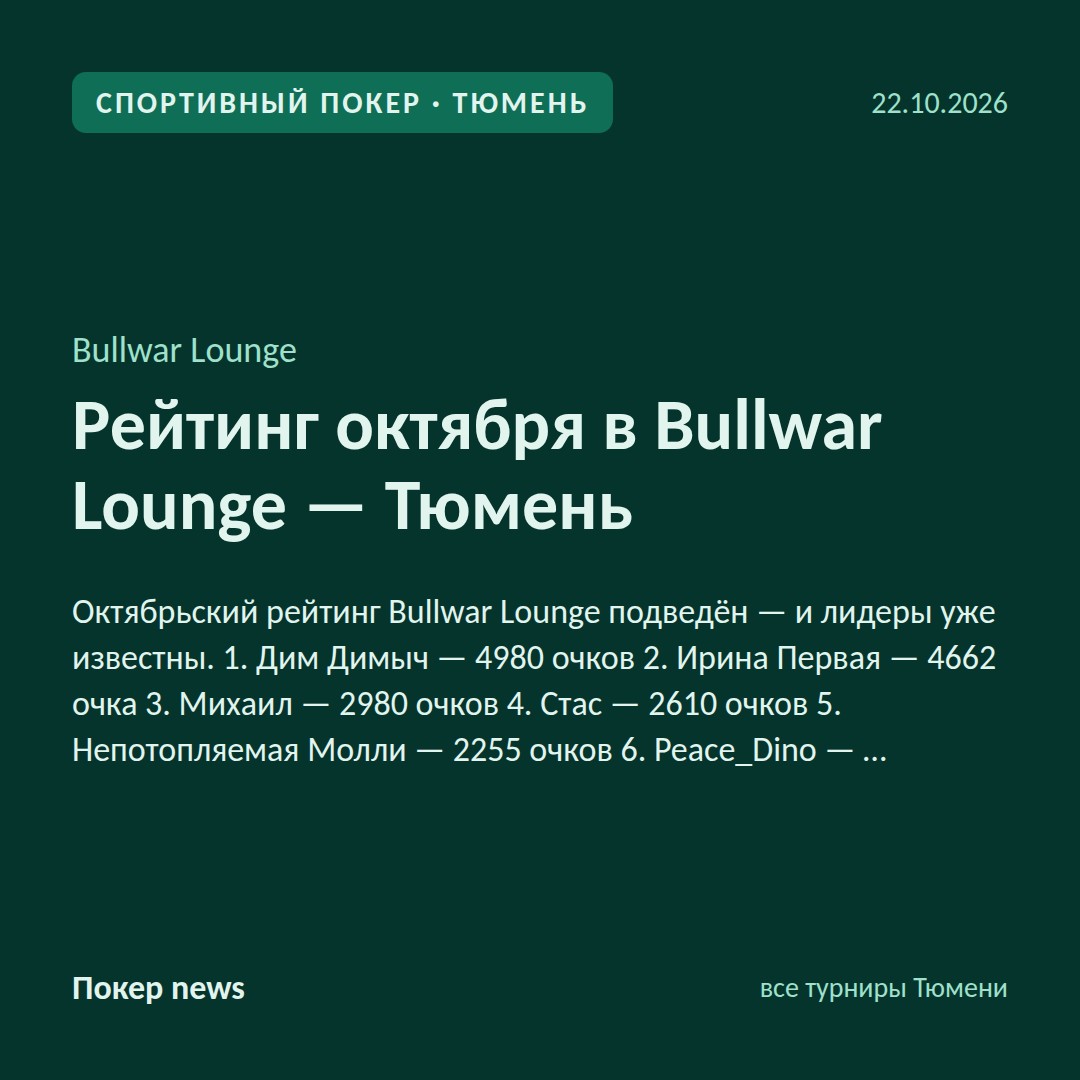 Рейтинг октября в Bullwar Lounge — Тюмень 🃏